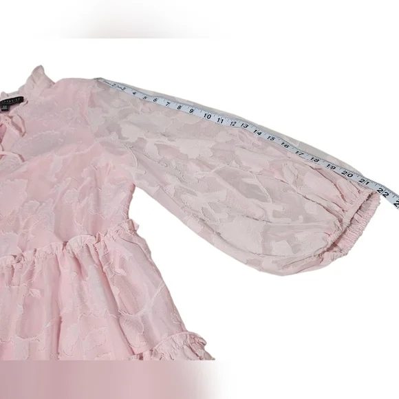 Eloquii Mini Pink Chiffon Tiered Ruffle Dress with Bow Neck Long Sleeve Boho - Picture 12 of 12